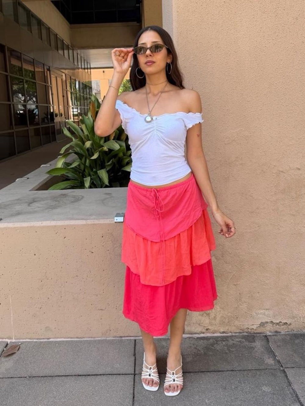 Y2k LOFT coral pink tiered low waist skirt with ruffle sz XS #fairycore